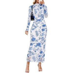 Women's Long Sleeve Maxi Dress White Blue